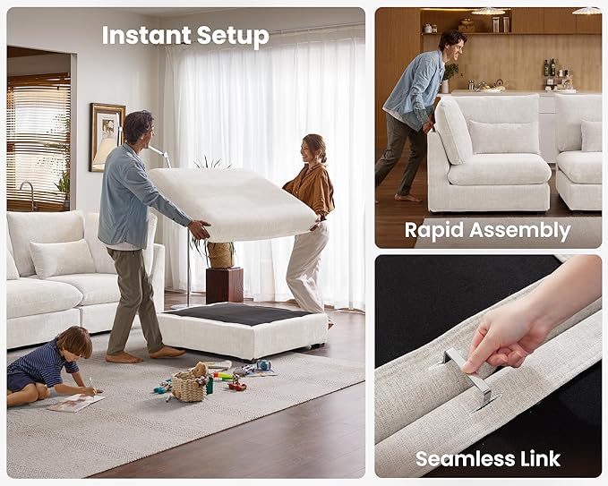 Oversized Modular Sofa, Extra Deep Cloud Chenille Sectional Couch with Ottoman Chaise, Fluffy Chenille 2 Seater Sofa Bed for Living Room, Villa (Sofa Bed 4 Seater, Chenille White)