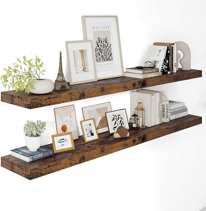 12" Deep Floating Shelves for Wall 55 Inches Long, Heavy Duty Wall Shelves for Bedroom Bathroom Kitchen Laundry Room, Farmhouse Rustic Shelves for Home Decor, 55" X 12" X 2" Set Of 2, Rustic Brown