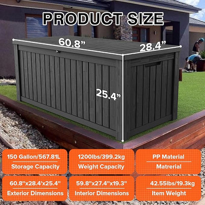 150 Gallon Double-Wall Resin Deck Box - Lockable Waterproof Outdoor Storage Box, 1000lbs Capacity & Doubles as Seating for Patio Furniture - Garden Tools, Pool Accessories (Black)
