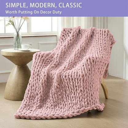 Bigacogo Chunky Knit Throw Blanket for Couch, 51x63 inches, 100% Hand Knitted with Thick Jumbo Chenille Yarn, Cozy Soft Large Rope Knot Cable Crochet Blankets for Sofa Bed Living Room, Dusty Pink