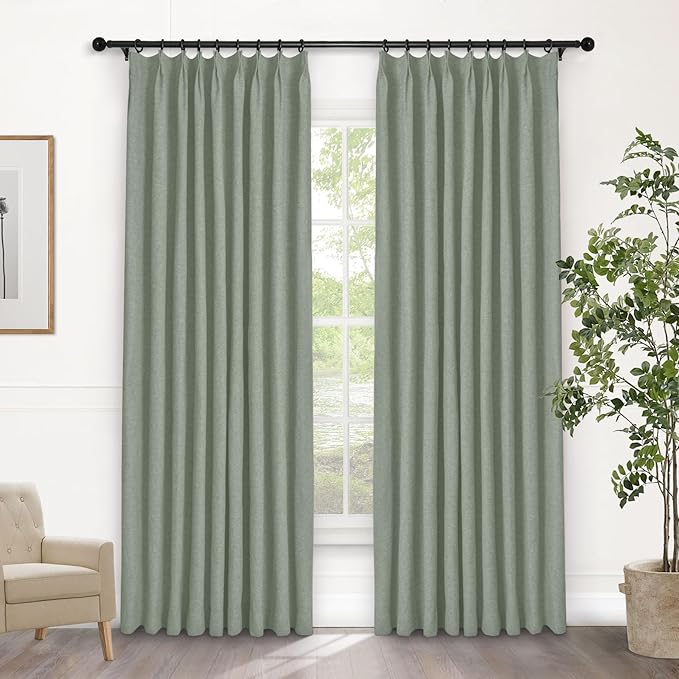 Macochico 52”Wx96”L 100% Blackout Curtains for Bedroom Living Room Nursery Fog Green Pinch Pleated Linen Curtains Farmhouse Burlap Drapes Thermal Window Panels with Hooks and Tieback 1 Panel
