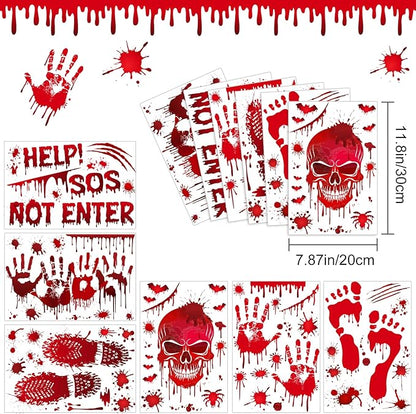 NEBURORA 6 Sheets Terror Bloody Handprint Footprint PVC Window Stickers Spooky Wall Decal and Floor Stickers for Halloween Decorations Party Decorations