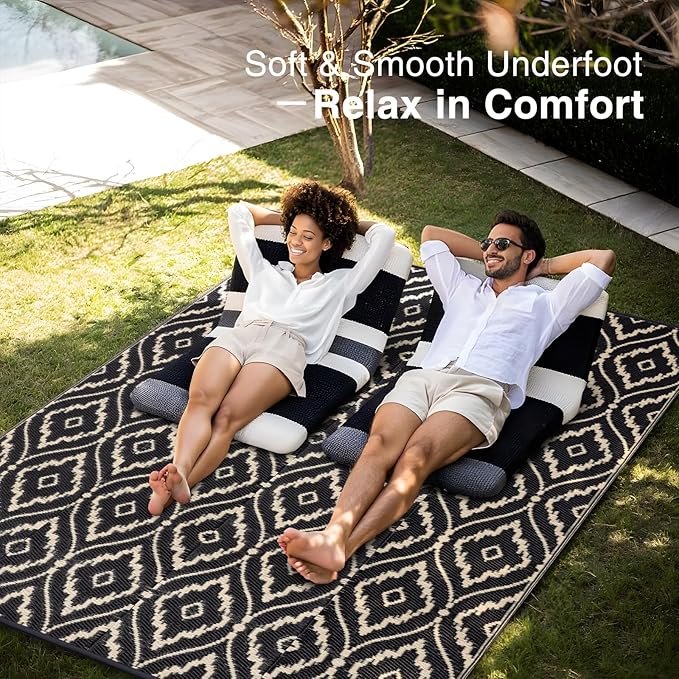 OLANLY Outdoor Rug 8x10 ft Waterproof, Outdoor Plastic Straw Rug with Geometric Pattern Clearance, Reversible RV Mat for Patio, Camping, Balcony, Deck, Backyard, Black & Beige