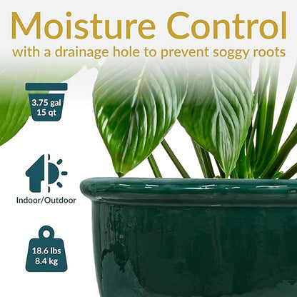 Sunnydaze Chalet Large Ceramic Plant Pot - Round Outdoor Glazed Ceramic Planter Pot with Drainage - Dark Green - 14.5"