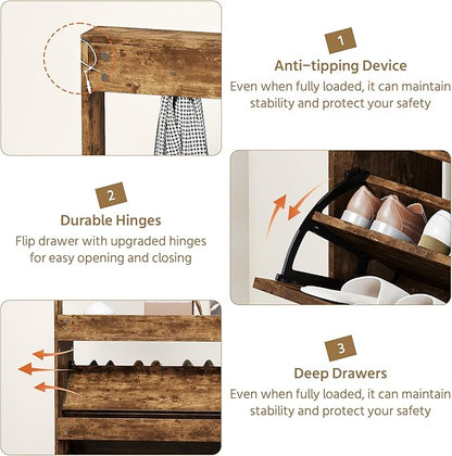 Shoe Cabinet with 3 Flip Drawers, Narrow Shoe Cabinet with 9 Hooks Coat Rack, Freestanding Shoes Storage Cabinets with Adjustable Shelves for Entryway, Hallway, Living Room, Rustic Brown