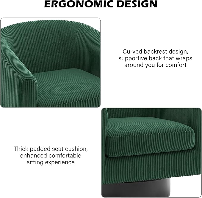 Swivel Barrel Accent Chair, Modern Round Corduroy Fabric Arm Chair for Living Room, Bedroom, Comfy Club Reading Chairs for Adults (Corduroy Dark Green, Set of 4)