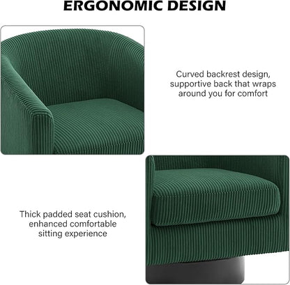 Swivel Barrel Accent Chair, Modern Round Corduroy Fabric Arm Chair for Living Room, Bedroom, Comfy Club Reading Chairs for Adults (Corduroy Dark Green, Set of 4)