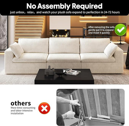 118" 3-Seater Cloud Sofa,Modular Sectional Couch,Modern Deep Seat Upholstered Couches with Plush Corduroy Fabric for Living Room Furniture,Bedroom and Apartment,No Assembly Required,White