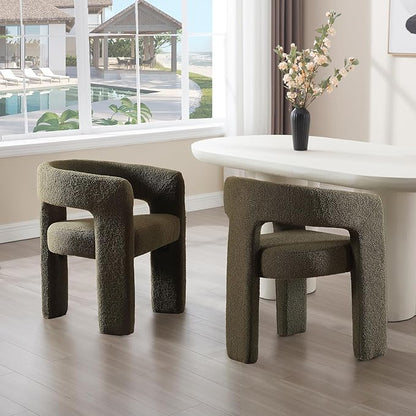 Green Sherpa Dining Chairs Set of 2, Modern Barrel Dining Room Chairs Upholstered Faux Fur Accent Chair with Arms and Round Back for Living Room Kitchen Armchair No Assembly Needed
