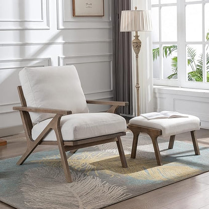 chairus 2 Sets Mid-Century Modern Accent Chairs with Ottoman, Linen Fabric Armchair with Wood Legs Comfy Upholstered Single Sofa Chair for Living Room/Bedroom/Lounge, White