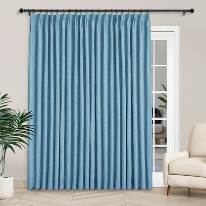 Macochico 120”Wx102”L 100% Blackout Linen Curtains Pinch Pleated Thermal Panels for Sliding Door Bedroom Living Room Farmhouse Shabby Chic Blue Burlap Curtains with Tieback 1 Panel