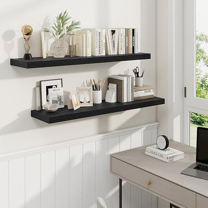 Fun Memories 40" Rustic Wood Floating Shelves with Invisible Brackets for Storage & Decor, Deep Wall Mounted Shelves for Bathroom, Kitchen, Living Room (Black, Set of 2)