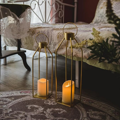 HPC Decor Modern Farmhouse Lantern - 22'' 19'' Large Tall Gold Metal Candle Lanterns with Timer Flickering Candles for Living Room, Outdoor, Fireplace Mantle Decor