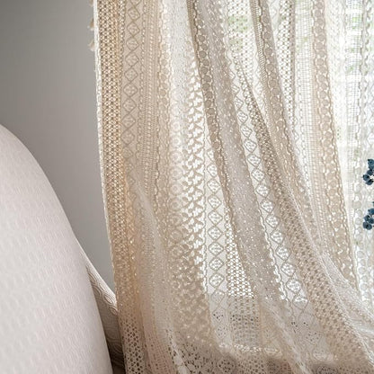 Sutuo Home Boho Curtains 120 inches for Bedroom Living Room Patio Doorway, Crochet Lace Sheer Bohemian Extra Long with Tassels,Window Treatment Drape, Single 1 Panel 59" W x 120" L, Beige