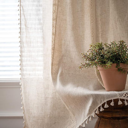 Sutuo Home Boho Curtain Semi-Blackout Crochet Hollow Lace Patchwork with Textured Linen Fabric, Handmade Tassels Rod Pocket Bohemian Window Drapes for Living Bedroom, 59" W x 96" L, 1 Panel