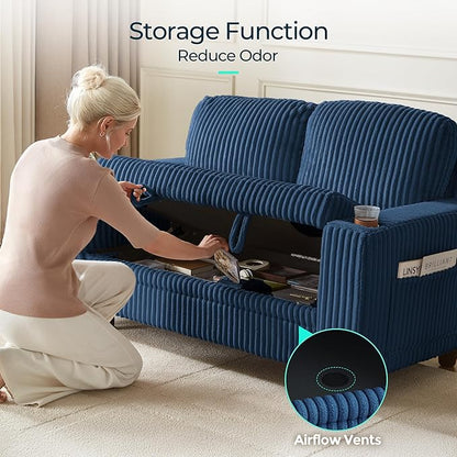 LINSY HOME Loveseat Sofa with Storage - Comfy Plush Corduroy 2 Seater Sofa with USB Charging & Cup Holders, Deep Seat Love Seat for Small Spaces Living Room Bedroom Apartment, Blue