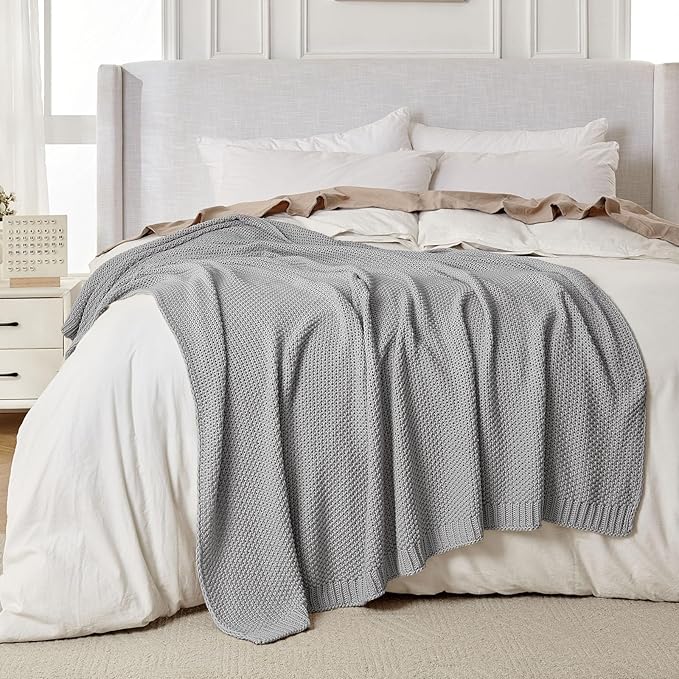 Joydeco Chunky Cable Knit Throw Blanket, Lightweight 100% Cotton Soft Cozy Throw Twin Blanket for Couch Bed and Sofa, Rustic Breathable Farmhouse Blanket Gift for Women Men(Grey, 51"x63")