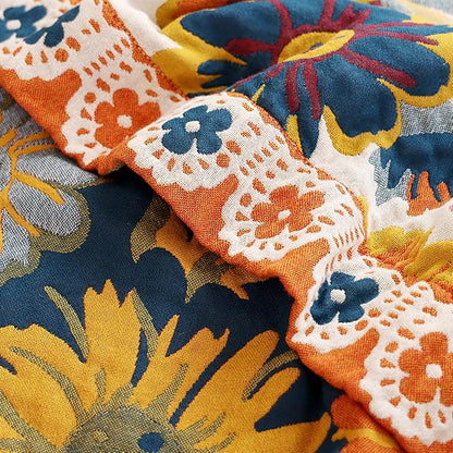 Boho Muslin Blanket for Adults 4-Layer Gauze 80 x 90 Inches Soft Cozy 100% Cotton Summer Cooling Blanket Floral Decor for Sofa Bed Coverlet Both Sides (Daisy Floral, 80 x 90 in)
