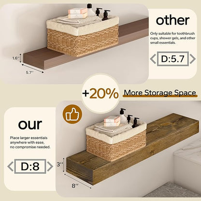 Floating Shelves 3 inch Thick for Wall Set of 2,Solid Pine Wood Wall Mount Shelf for Kitchen Living Room Bedroom Bathroom,8" D x 60" L x 3" H-Black Walnut