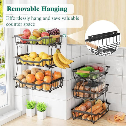Giwil 3 Tier Countertop Fruit Basket for Kitchen, Vegetable Storage Bread Fruit Bowl Stand with 2 Banana Hooks, Wall Mounted Metal Wire Basket Organizer for Potato Onion, Black