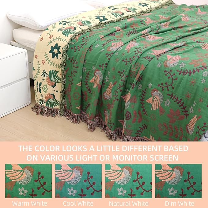 Boho Throw Blanket for Bed, 100% Pure Cotton Ultra Soft Rustic Quilt, Farmhouse Decor Bed Blankets, All Season Rustic Throw for Sofa Couch Chair(91''x 98'', Bird B)
