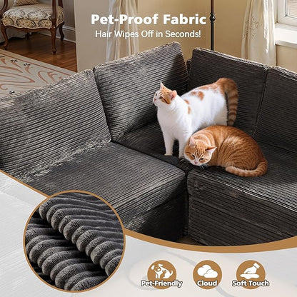 Modular Sectional Sofa, 130.7" L Shaped Couch Set for Living Room, 4-Seater Comfy Cloud Couches with Movable Ottoman, DIY Combination, Plush Corduroy, Gray