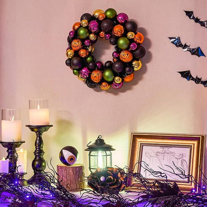 JORNOY 13inch Small Halloween Ball Wreath with Ghost&Pumpkin Accents - Seasonal Orange/Black Wall Hanging, Front Door, Mantel, Porch Decor for Home