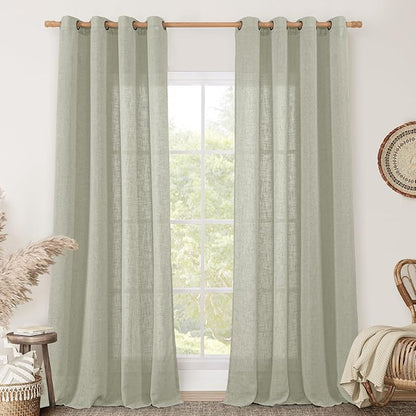 LAMIT Linen Curtains for Living Room, Sage Grey 90 Inch Length Bronze Grommet Linen Textured Farmhouse Curtains Light Filtering Drapes for Bedroom/Dining Room, Set of 2, 52 x 90 Inch
