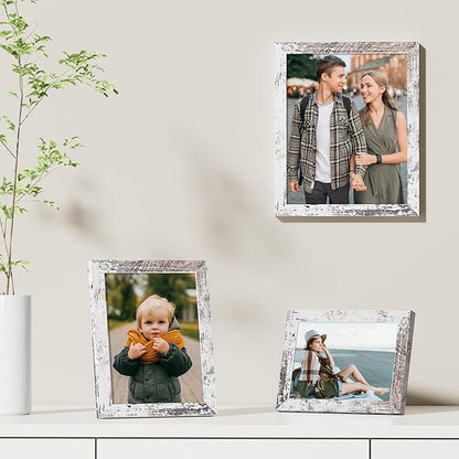 Vittanly 8x10 Picture Frames Set of 9, Shatter Resistant Plexiglass, Display 5x7 Pictures with Mat or 8x10 without Mat, Photo Frames for Wall or Tabletop, Engineered Wood, Distressed White