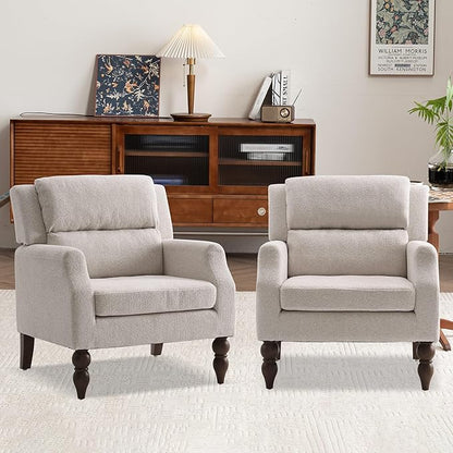 Kidol & Shellder Beige Oversized Accent Chair for Living Room Set of 2 Modern Reading Chair with Back Wide Upholstered Comfy Single Sofa Chair for Bedroom Lounge Side Corner Boucle Fabric Armchair