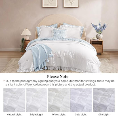 Queen Comforter Set - 7 Pieces Ruffle White Bedding Sets, Shabby Chic Farmhouse Bed in a Bag Queen with Ruffle Comforter, Floral Sheets, Pillowcases & Shams