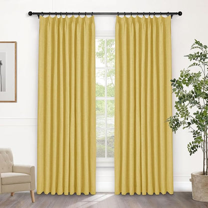 Macochico 100% Blackout Yellow Linen Curtains 84 Inches Long Pinch Pleated Burlap Curtains for Bedroom Living Room Farmhouse Nursery Thermal Window Panels with Tieback 72”Wx84”L 1 Panel