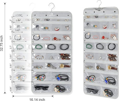 Freegrace Hanging Jewelry Organizer Revolving Hanger - Secure Zipper Closure - 50 Pockets - Foldable Storage & Display Solution - For All Jewelry & Bijoux (Gray)