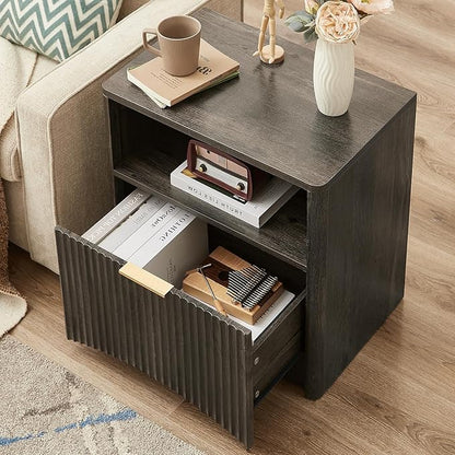 Fluted Nightstand, Dark Grey Bedside Table with Drawer and Storage, Wood End Table Mid Century Modern, Large Night Stand for Bedroom