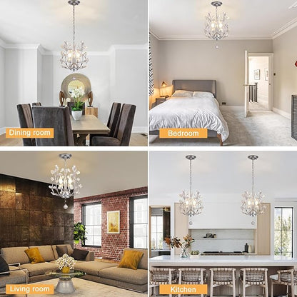 Ganeed 3-Light Branch Crystal Chandelier, Small Flush Mount Vintage Pendant Hanging Lighting, K9 Crystal Farmhouse Ceiling Light for Dining Room Bedroom Living Room Kitchen Hallway, Chrome Silvery