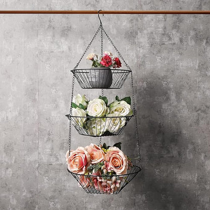 3-Tier Wire Fruit Hanging Basket 2 Packs, non-Punching Wall Hanging Storage, Kitchen Bathroom Organization Basket, Suitable for Bathroom, Kitchen, Closet, Garden, Chrome