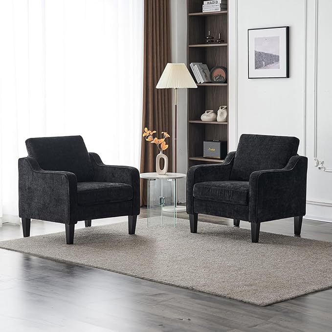 VINGLI Mid Century Modern Accent Chairs, Black Soft Chenille Reading Chair Upholstered Armchair Side Chairs Sofa Couches for Living Room, Bedroom, Apartment