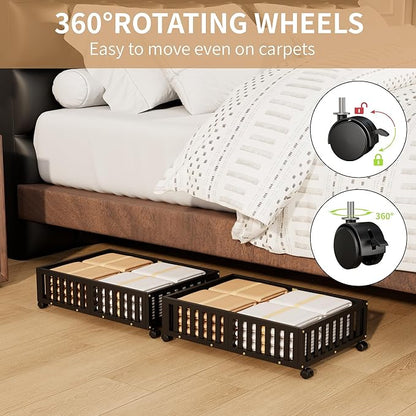 Bamboo Under Bed Storage with Wheels (2-Pack) – Rolling Underbed Shoe Organizer Box for Shoes, Blankets, Toys, Clothes Container Space-Saving Organizer Bins for Bedroom, Closet, Dorm, Nursery