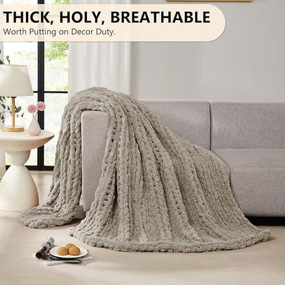L'AGRATY Chunky Knit Blanket Throw: 72''x84'' Chenille Chunky Knitted Throw Blankets for Bed Couch - Handmade Thick Big Cable Knit Blanket - Large Crochet Rope Blankets for Home Decor(Light Linen)