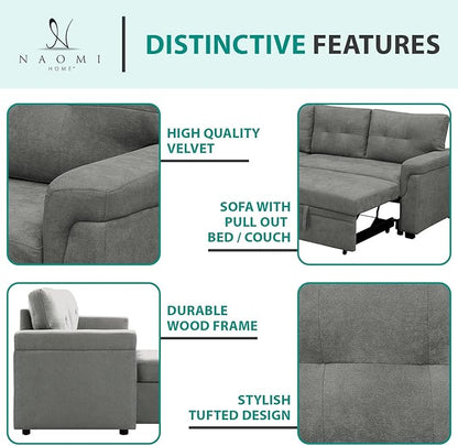 Naomi Home L-Shaped Reversible Sectional Sofa with Pull-Out Sleeper Bed and Storage Chaise, Gray Velvet