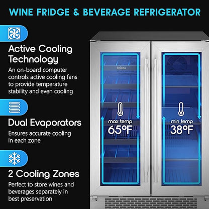 Zephyr Brisas 24 Inch Wine Fridge Dual Zone Under Counter Countertop Wine and Beverage Cooler Cabinet Home Bar Drink Beer Freestanding Refrigerator with French Door 21 Bottles 64 cans