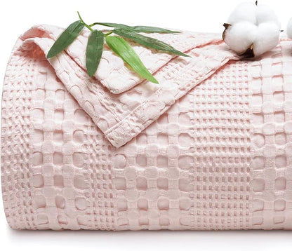 PHF Cooling Waffle Blanket King Size, Lightweight 60% Rayon Derived from Bamboo & 40% Cotton Breathable Blanket for Hot Sleepers, Soft and Luxury for Bed Couch and Sofa, 104"x90", Pink
