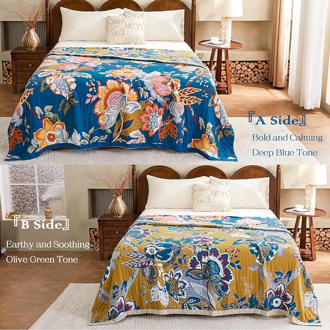 Boho Throw Blanket, Blue Lightweight Blankets for Summer, 100% Cotton Bohemian Decorative Throw Blanket, 90"x98" Reversible Muslin Breathable Woven Farmhouse Blankets Quilt,