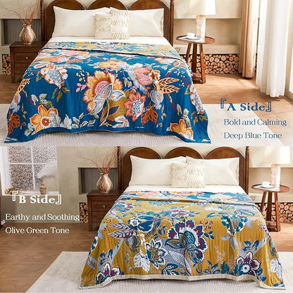 Boho Throw Blanket, Blue Lightweight Blankets for Summer, 100% Cotton Bohemian Decorative Throw Blanket, 80"x90" Reversible Muslin Breathable Woven Farmhouse Blankets Quilt,