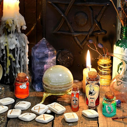 Newtay 53 Pcs Halloween Mini Potion Bottles Set Including 12 Decorative Glass Bottles with Cork Stoppers 20 Creepy Apothecary Bottle Labels Stickers 20 Charms Pendants 1 String (5/6/7/12 ML,Stylish)