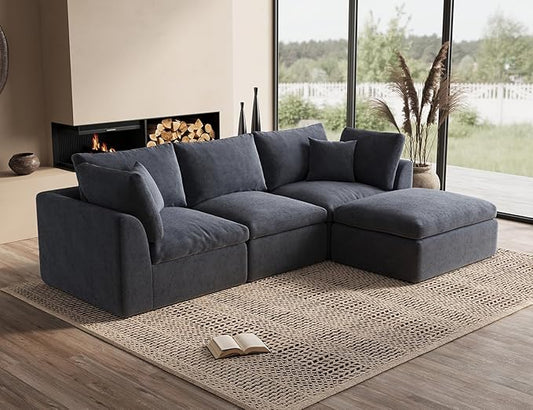 110 Inch Cloud Sectional Couches for Living Room, Convertible L Shaped Couch with Ottoman, 3 Seater Modular Sectional Sofa, Grey
