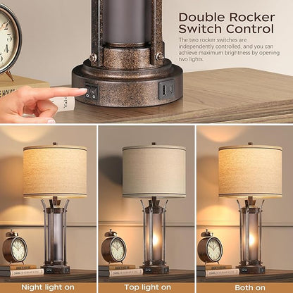 QiMH Farmhouse Table Lamps for Living Room, Rustic Beside Lamps for Bedroom with USB A+C Charging Ports, Nightstand Lamp with Frosted Glass Night Light for Home Decor, 4 Bulbs Included (Bronze)