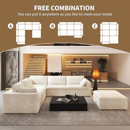 118" 6-Seater Cloud Sofa,Modular Sectional Couch with Ottoman,Modern Deep Seat Upholstered Couches with Plush Corduroy Fabric for Living Room Furniture,Bedroom and Apartment,No Assembly Required,White