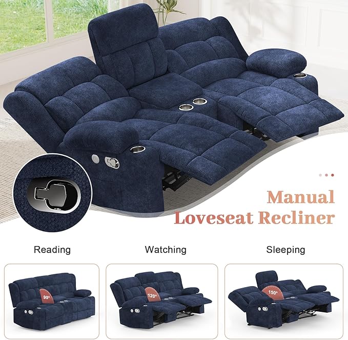 Recliner Sofa Set with 2+1+1 Pieces, Fabric Manual Pull Tab Reclining Loveseat with Storage Console, Single Recliner Chair for Living Room, RV, Blue