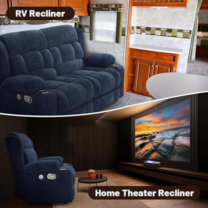 Loveseat Recliner Sofa Set with 2+1 Pieces, 2 Seater Minimalist Style Fabric Manual Pull Tab Reclining Loveseat with USB Charge Ports, Cup Holders, Recliner Couches for Living Room, RV, Blue